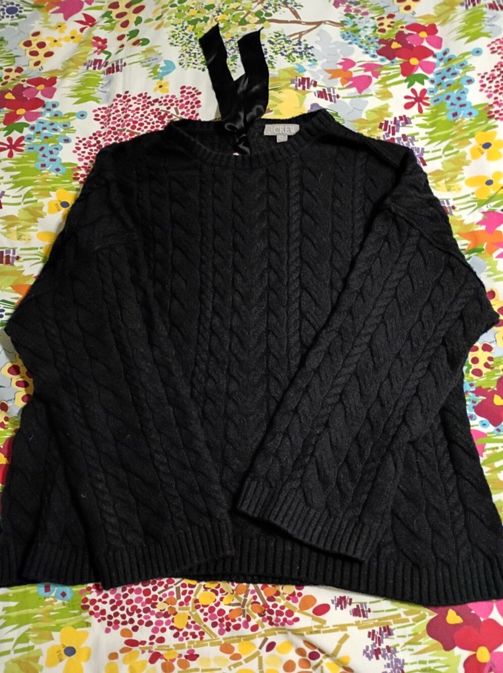 J. Crew Size 2X Black Cable-Knit Wool Blend Sweater With Tie At Back Of Neck